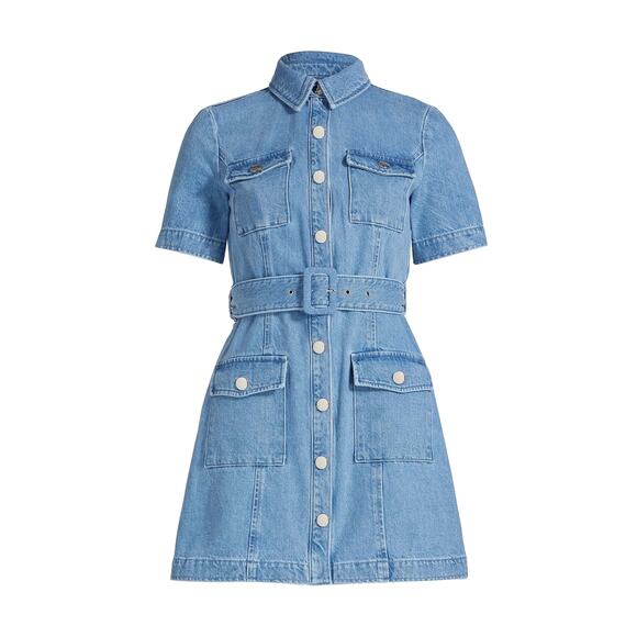 Toccin Lydia Denim Minidress Light Wash Size 2 NEW Short Sleeve Belted - Picture 3 of 10